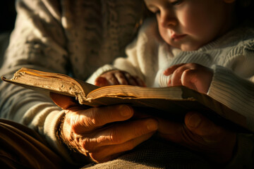 A closeup portrait of a modern parent reading a bedtime story to their child, both nestled under a cozy blanket with soft, warm lighting.  Use a soft-focus lens to create a dreamy, tranquil image.