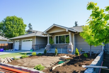 Exterior Facelift: A Home Exterior Being Revamped with Fresh Paint and Landscaping. - obrazy, fototapety, plakaty