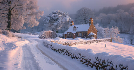 Winter landscape with snow covered house in the Peak District National Park, England High-resolution photograph clean sharp focus, focus stacking, digital photography professional photography