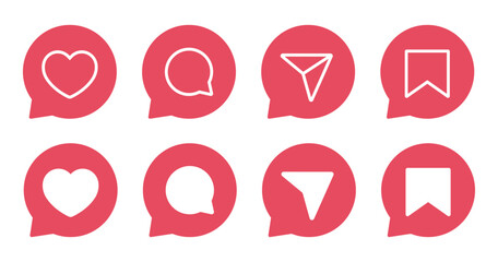 Like, comment, share, and save icon on speech bubble. Social media ui elements