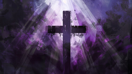A cross is painted on a purple background with a light shining on it