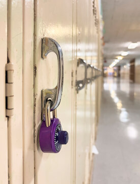 Wall of Lockers and padlock in Hallway at American High School 