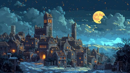 Pixel art of Moonlit Gothic Cityscape