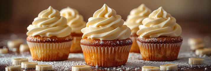 A 3D animated cartoon render of a stack of banana pudding cupcakes topped with whipped cream.