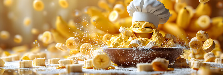 A 3D animated cartoon render of a cartoon chef mixing ingredients for banana pudding in a bowl. - obrazy, fototapety, plakaty