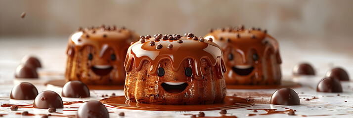 A joyful 3D cartoon character savoring a scrumptious chocolate lava cake. - obrazy, fototapety, plakaty