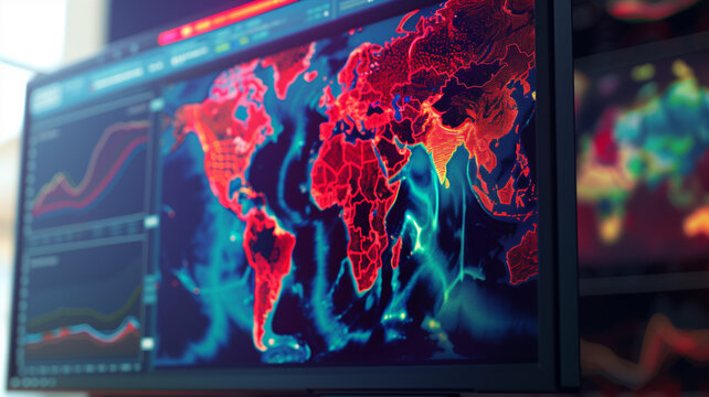 A computer monitor displays a map of the world with red and blue colors