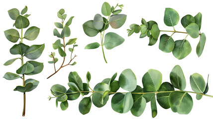 A set of green leaves with one of them being a leaf of a eucalyptus tree