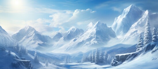 A painting showcasing a winter wonderland with majestic snowy mountains towering in the background, contrasting against the serene snowy landscape below. The scene captures the beauty and harshness of