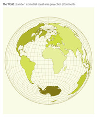 World Map. Lambert azimuthal equal-area projection. Continents style. High Detail World map for infographics, education, reports, presentations. Vector illustration.