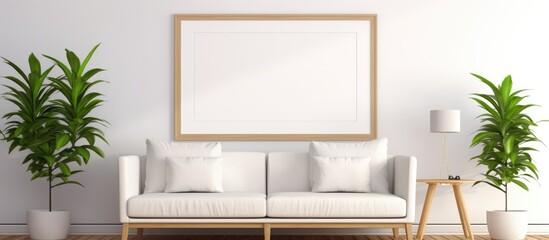 A modern living room featuring a stylish white couch and two potted plants, with a mockup photo frame on the wall. The room is decorated in a minimalistic style with luxury furniture.