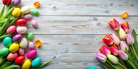 A Lively Easter Background With Painted Eggs And Tulips