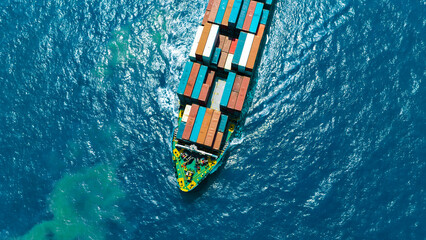 Aerial view of the freight shipping transport system cargo ship container. international...