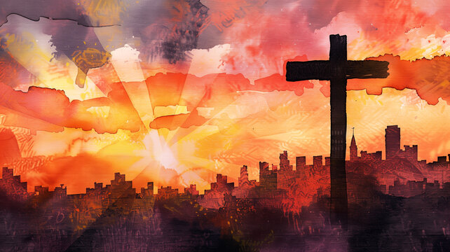 A painting of a cross with a city in the background