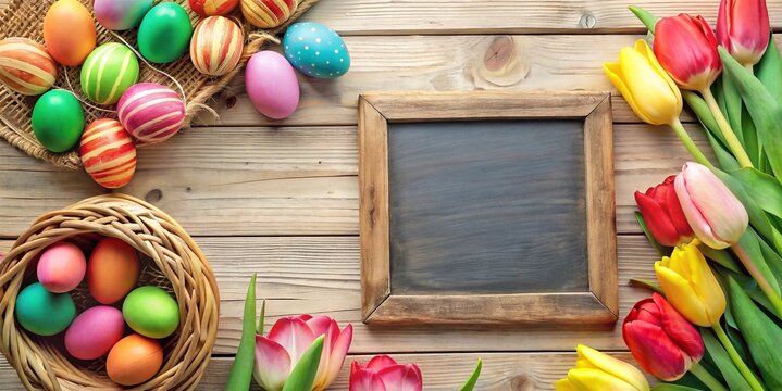 Cheerful Easter Background With Tulips And Painted Eggs