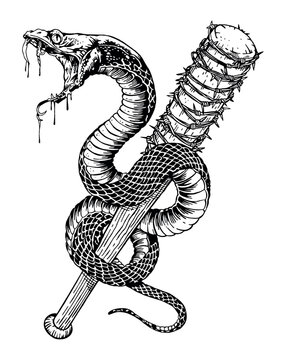Manual vector illustration, in free and stripped strokes, of a snake wrapped around a baseball bat. Tattoo art, print on t-shirts, etc...