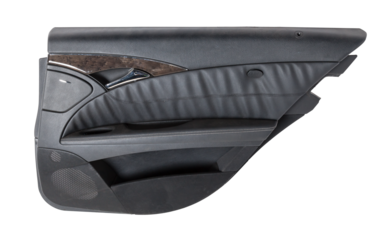 Car door trim with black fabric upholstery on a white isolated background for repair and replacement in a car service. Spare parts catalog.