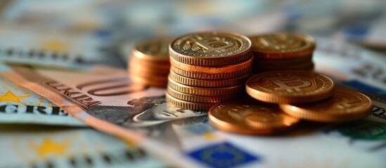 EU euro coins on heap of euro bills - obrazy, fototapety, plakaty