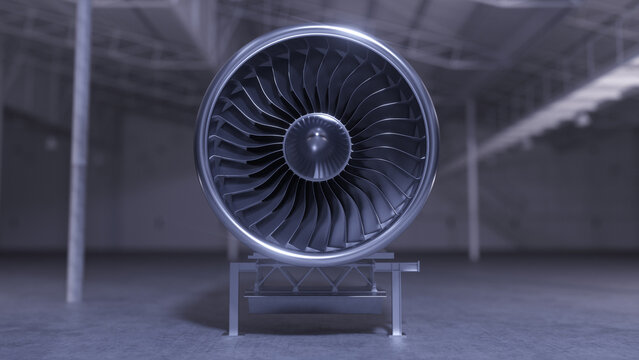3D Airplane Jet Turbine Engine maintenance in hangar warehouse.