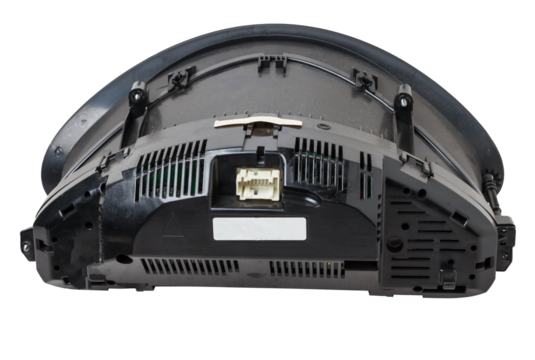 The dashboard of the car with white arrows with a speedometer, tachometer and other tools to monitor the condition of the vehicle in modern style on white isolated background