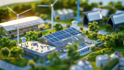 A model of a city with a large building with solar panels on the roof