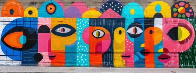 Expressive street art mural with abstract faces and eyes on a multicolored background.