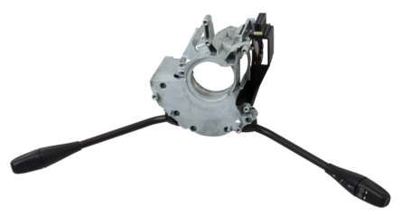 Steering wheel switches for windshield wipers and turn signals with steering angle sensor disassembled on a white isolated background, spare part for car repair or for sale at junk yard.