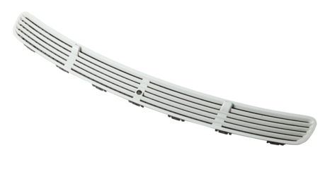 Hood ventilation grille with windscreen washer in black on white isolated background. Used spare parts from junkyard catalog.