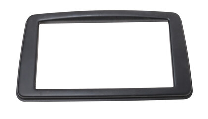 Decorative frame of a luxury car radio made of black plastic on a white isolated background