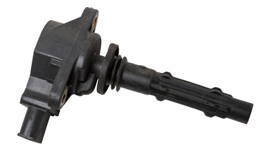 Black ignition coil for engine, isolated on white background. Spare parts for vehicle repair in...