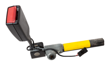 A plastic case with a metal holder for a car seat belt lock with three fastening points in black with a red unlock button. Spare part for replacement during repair or sale.