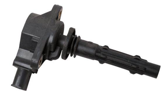 Black ignition coil for engine, isolated on white background. Spare parts for vehicle repair in garage.