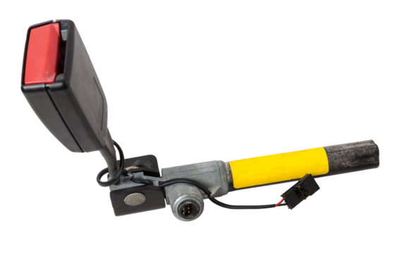 A plastic case with a metal holder for a car seat belt lock with three fastening points in black with a red unlock button. Spare part for replacement during repair or sale.