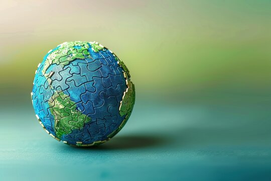 A photorealistic image of a blue and green globe with continents shaped like puzzle pieces coming together. Symbolize global cooperation for a sustainable planet.