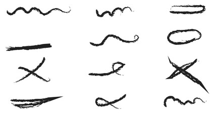 Grunge scrawls, charcoal scribbles, rough brush strokes, underlines strikethroughs. Bold charcoal freehand stripes and ink shapes. Crayon or marker scribbles. brush stroke. Vector illustration