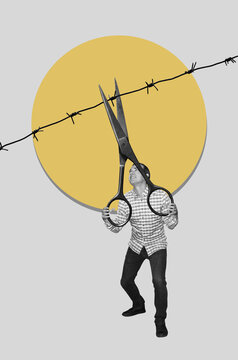 Collage with a man cuts barbed wire with scissors
