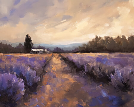 Country Lavender Field Vintage Landscape Art Oil Painting