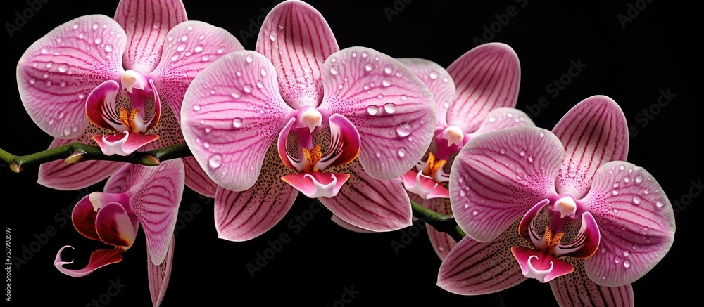 Wall mural Pink orchids covered with water droplets, showcasing a glistening effect. The delicate petals of the flowers hold the droplets, adding a touch of natural beauty to the scene.