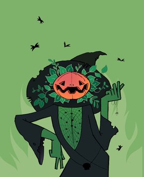 Halloween pumpkin dressed as witch.