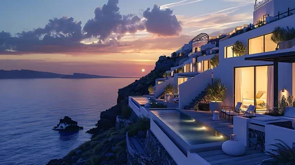 Foto auf Acrylglas Beautiful images of homes and hotels on the hillsides of Santorini Greece © EnioRBC