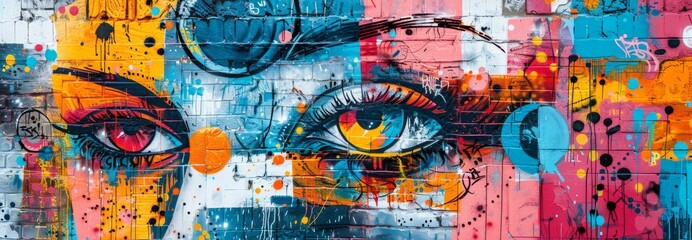 Dynamic street art featuring detailed eyes amidst a splash of abstract, colorful graffiti.