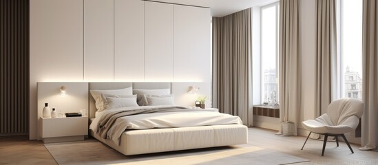 A luxurious, rich, and expensive apartment bedroom featuring a stylish contemporary design with minimalistic elements. The room contains a comfortable bed and a sleek chair, all in light colors.