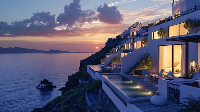 Beautiful images of homes and hotels on the hillsides of Santorini Greece