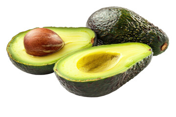 Avocado: benefits from good fats in vitamin E, fiber, detects cholesterol, nourishes the heart, food capsule, isolated on white background.