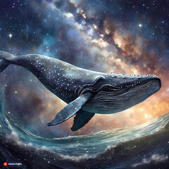 성간구름 사이에서 수영하는 고래, - obrazy, fototapety, plakaty