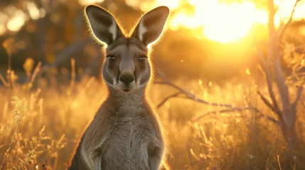 Foto op Plexiglas Kangaroo at sunset in the wild, the warmth of the light highlighting its gentle gaze. © Liana