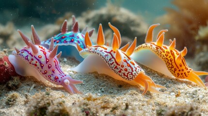 A vibrant selection of nudibranchs on the ocean floor, showcasing marine life diversity.