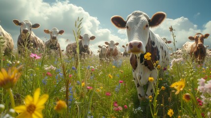 Curious cows among vibrant wildflowers, a quintessence of pastoral life. - obrazy, fototapety, plakaty