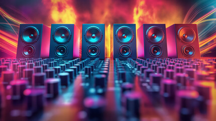 Music sounds speaker system on colorful bokeh background, infront of sound equipment control...