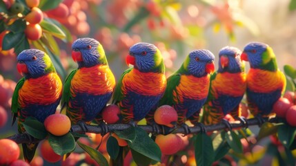Rainbow lorikeets perched on a branch, blending into a vibrant fruit tree.